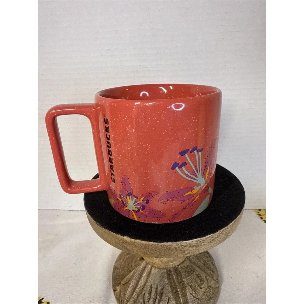 Starbucks Coffee Mug 2022 Salmon Pink/Red Stargazer Lily Speckled 12oz Cup